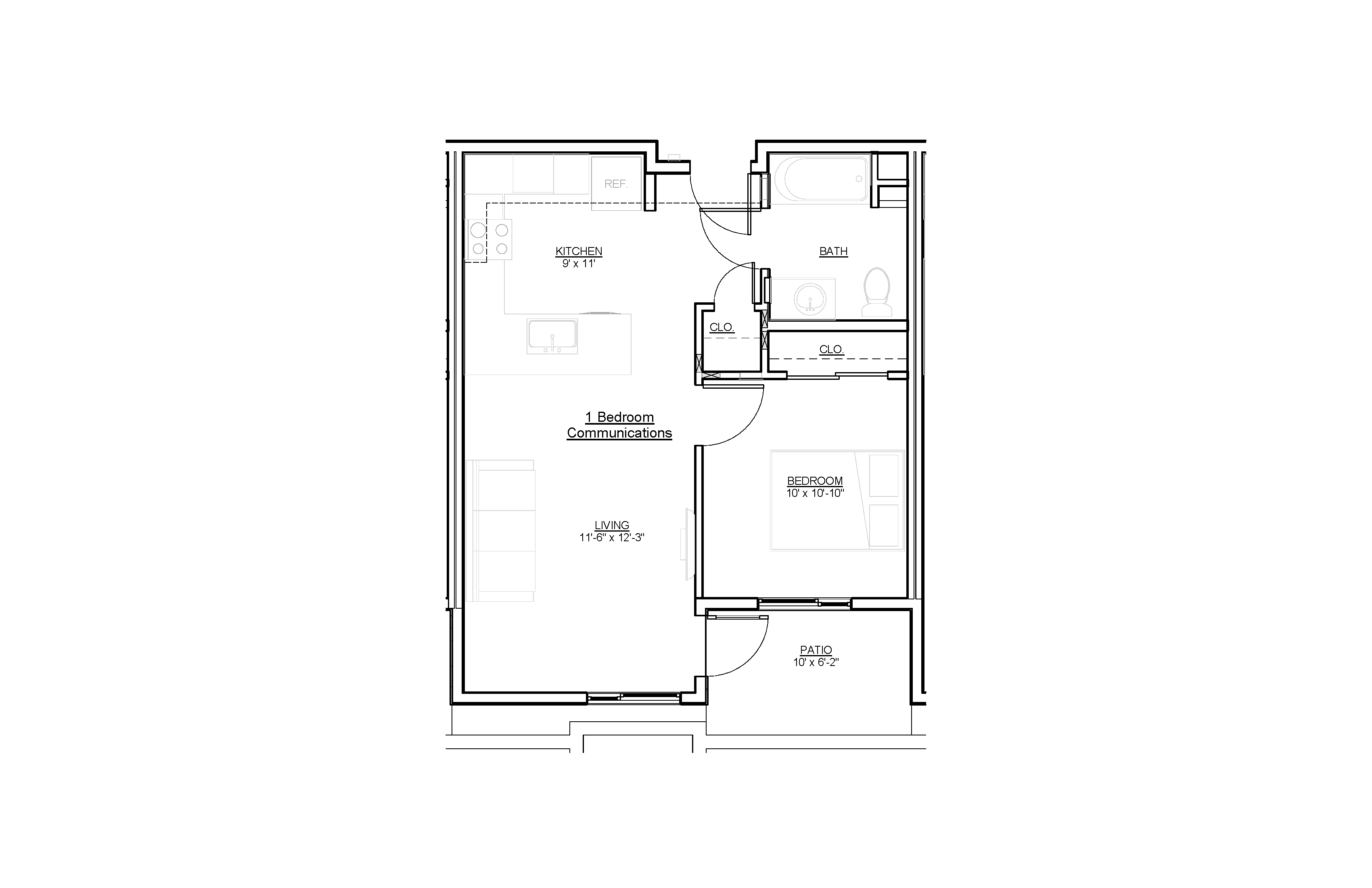 Floor plan for 1 bed, 1 bath